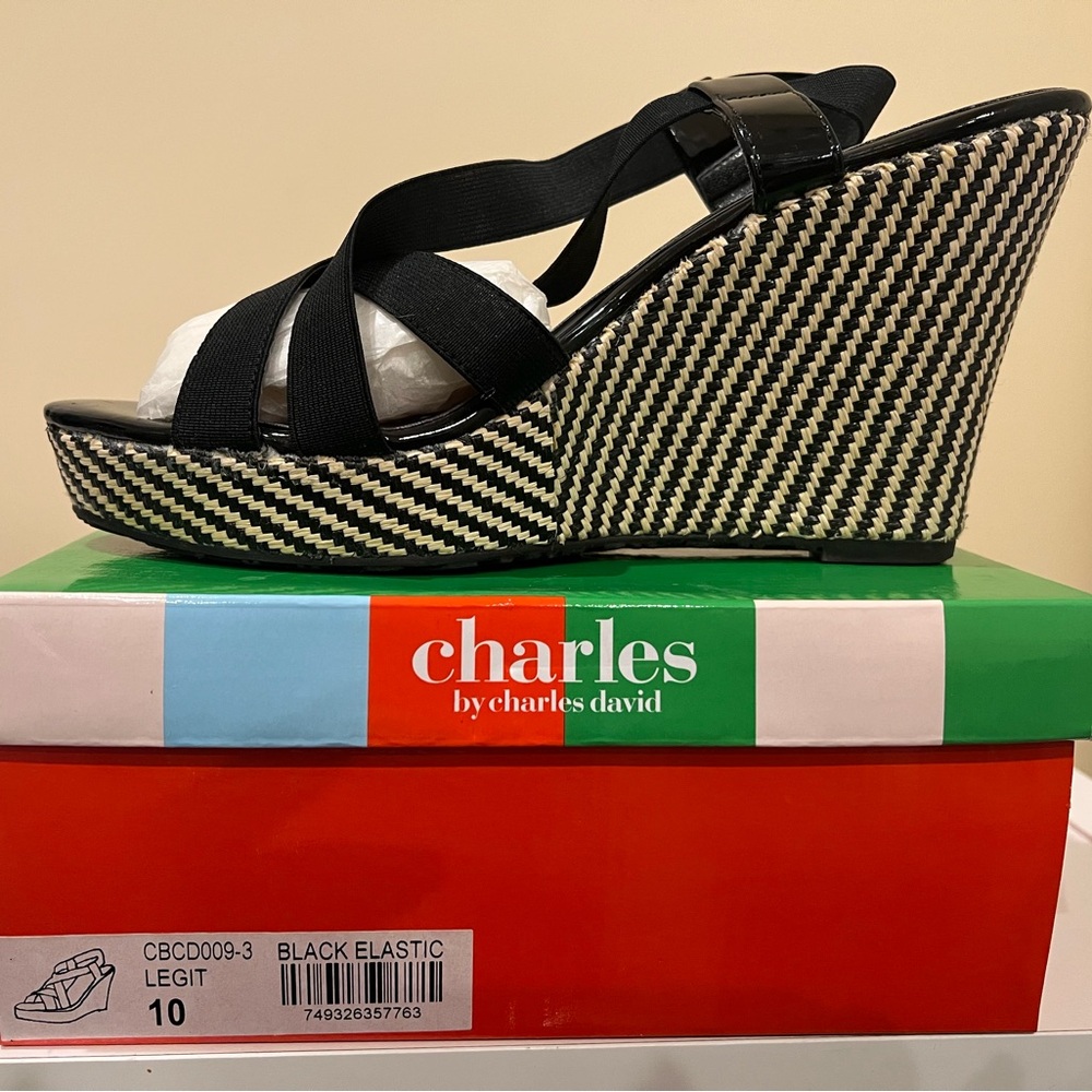 Charles by Charles David | Black and Cream Wedge Sandals